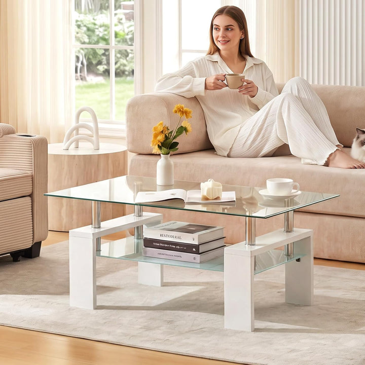TUKAILAI Couchtisch Glas modern, Rechteckiger Wohnzimmertisch Beistelltisch mit unterer Ablage, Kaff