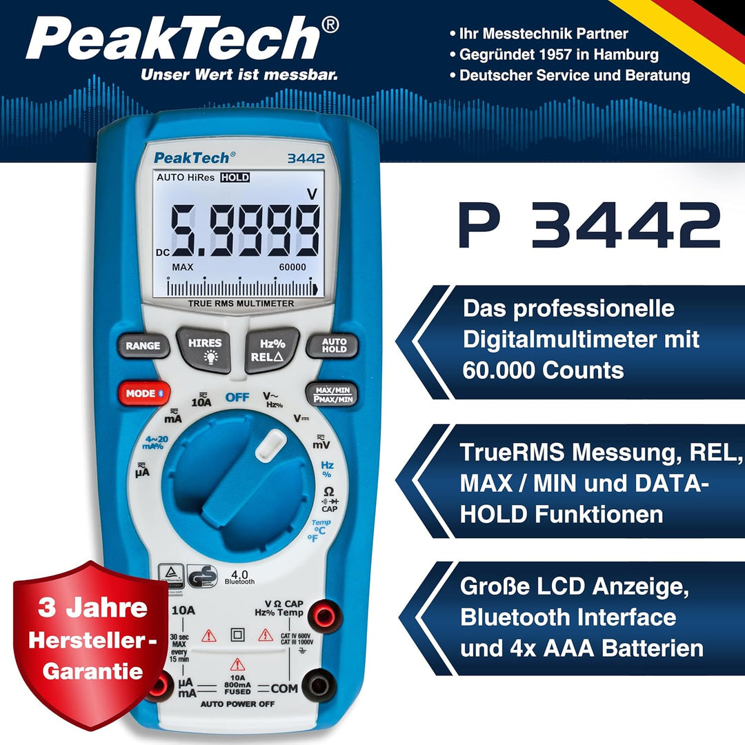 PeakTech P 3442 True RMS Digital Multimeter für Elektriker mit 60000 Counts & 4.0 Bluetooth, Profi-H