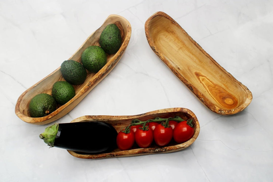 DAGDEG Brotschale aus Olivenholz 30 cm – rustikale Obstschale Holz länglich – Handmade Baguette Scha