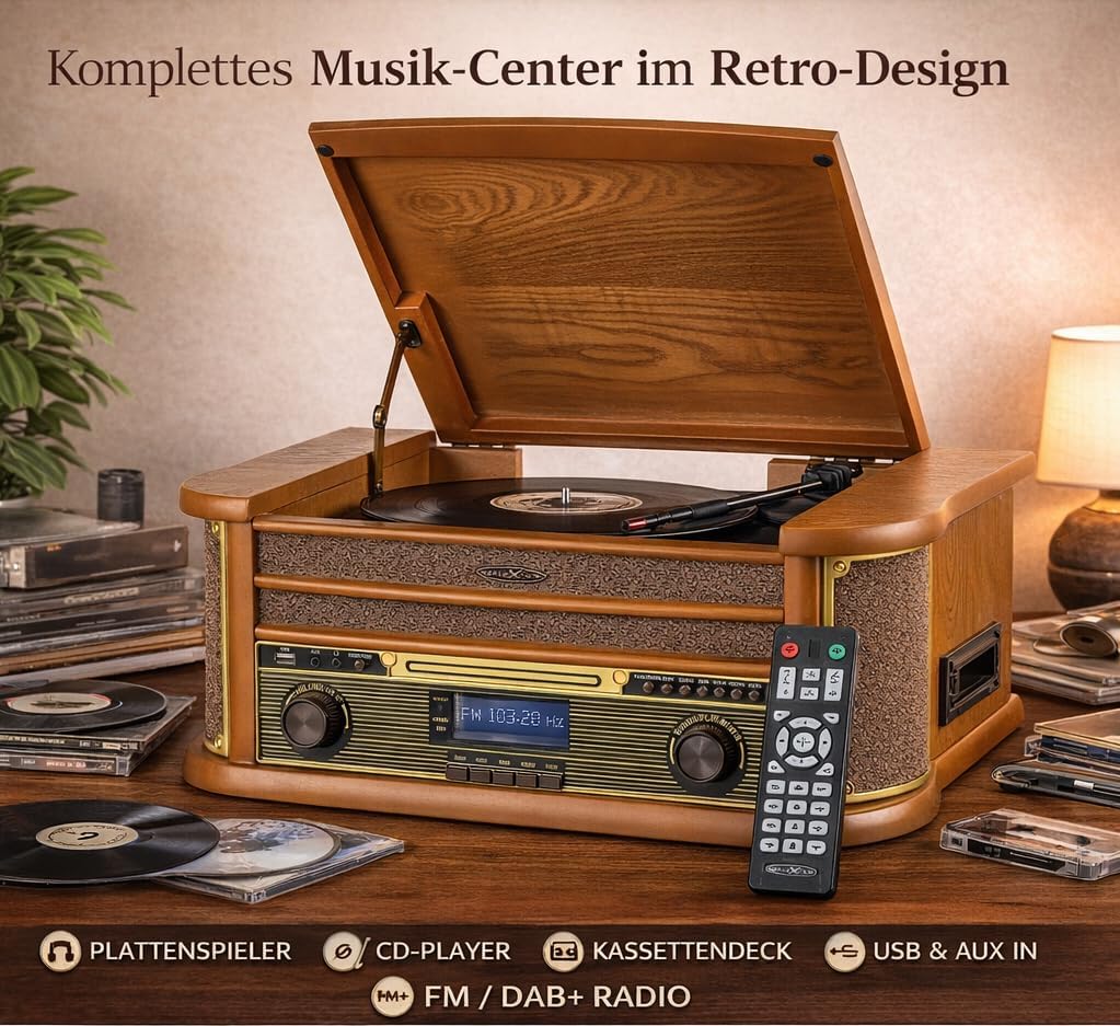 Reflexion HIF2002 Retro Stereo-Anlage mit Plattenspieler, Kassette, CD-Player und DAB-Radio (DAB+, U
