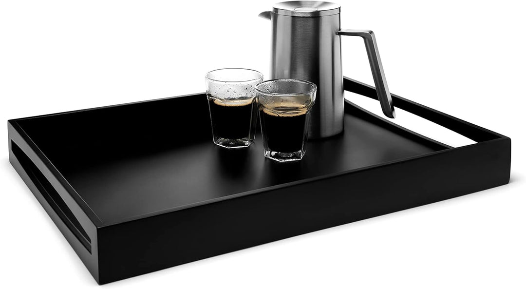 Leopold Vienna - Schwarzes Holz-Servier-Tablett 47.5 x 35 cm - eckiges Frühstückstablett mit hohem R