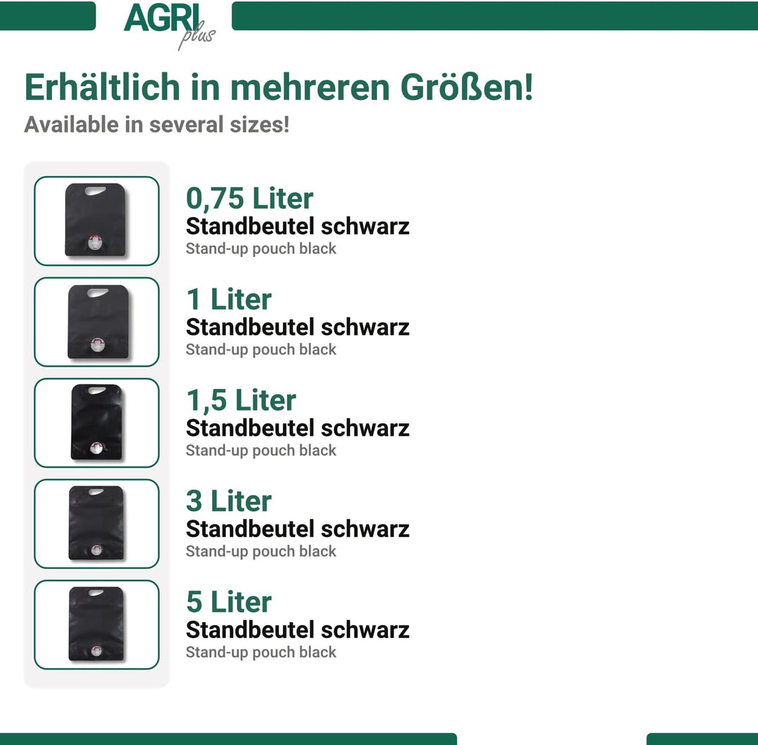 AGRI plus Standbodenbeutel in Schwarz I 0,75 Liter I 10 Stück I Hochwertige Saftbeutel mit Zapfhahn