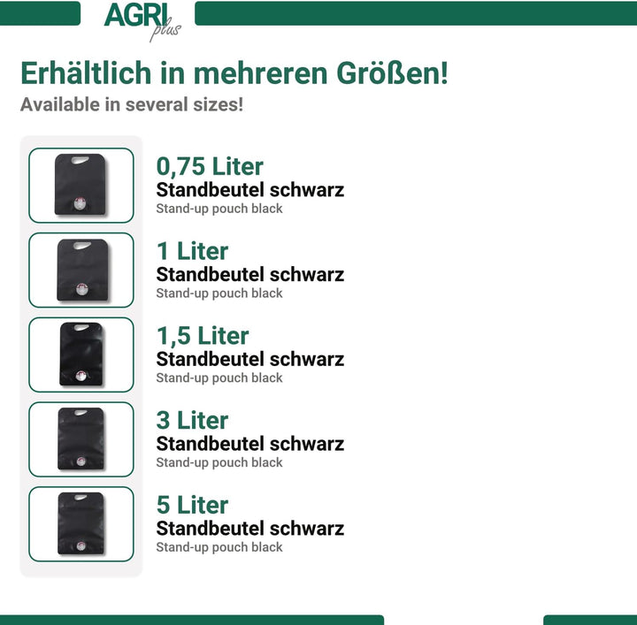 AGRI plus Standbodenbeutel in Schwarz I 0,75 Liter I 10 Stück I Hochwertige Saftbeutel mit Zapfhahn