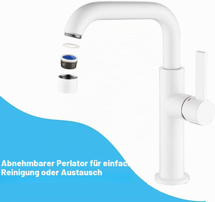 ONECE Wasserhahn Bad Hoch, 360° Drehbar Waschtischarmatur für Waschbecken White Auslaufhöhe 214 mm,