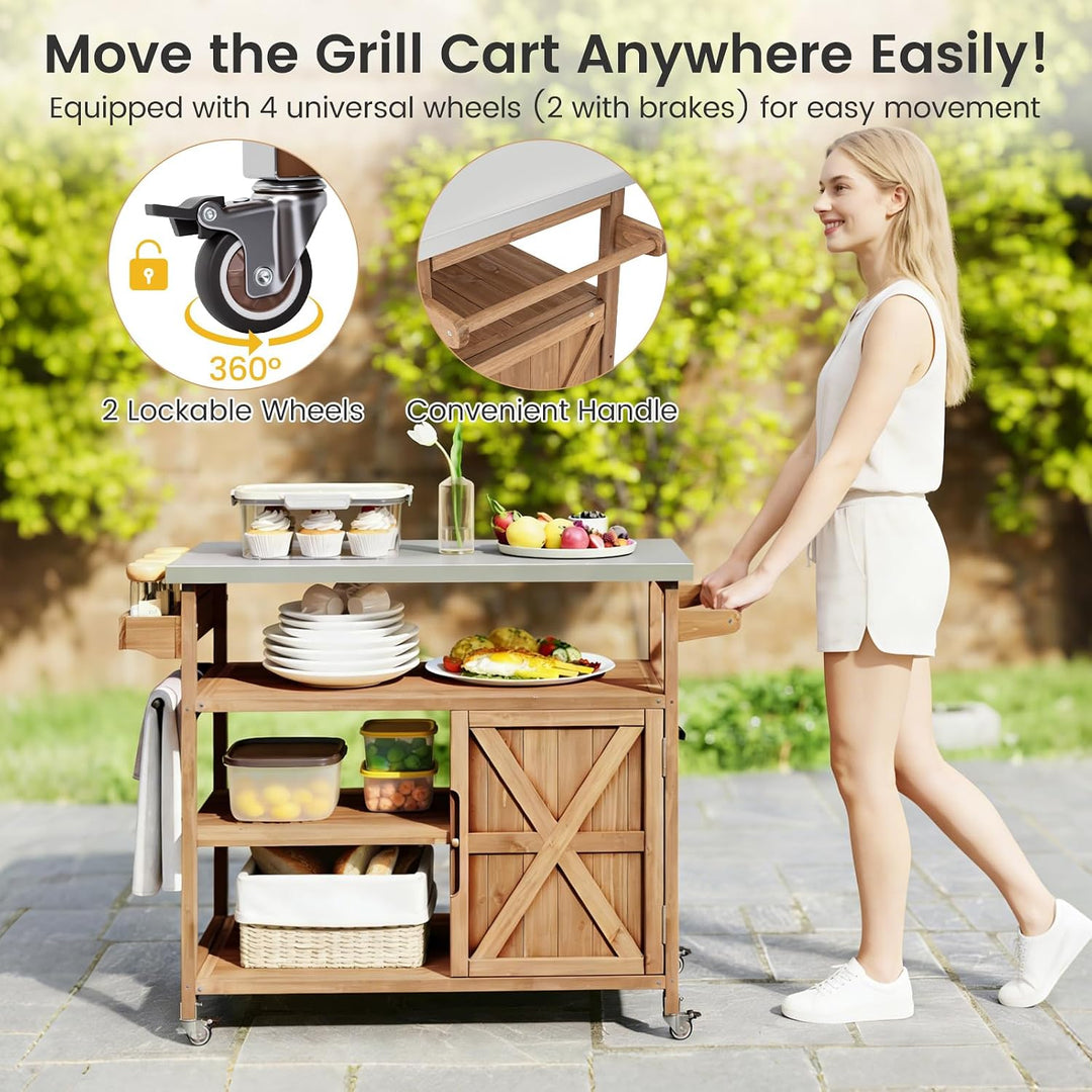GIANTEX Grillwagen Servierwagen Outdoor, Küchenwagen auf Rollen, Kücheninsel mit Edelstahl Arbeitspl