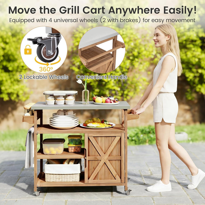 GIANTEX Grillwagen Servierwagen Outdoor, Küchenwagen auf Rollen, Kücheninsel mit Edelstahl Arbeitspl