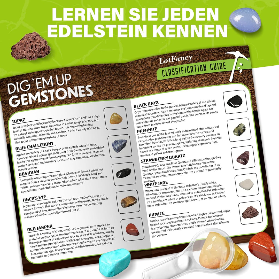 LotFancy Ausgrabungsset für Kinder, 20 Echte Edelsteine Ausgraben für Kinder ab 8 9 10 Jahren, Gesch