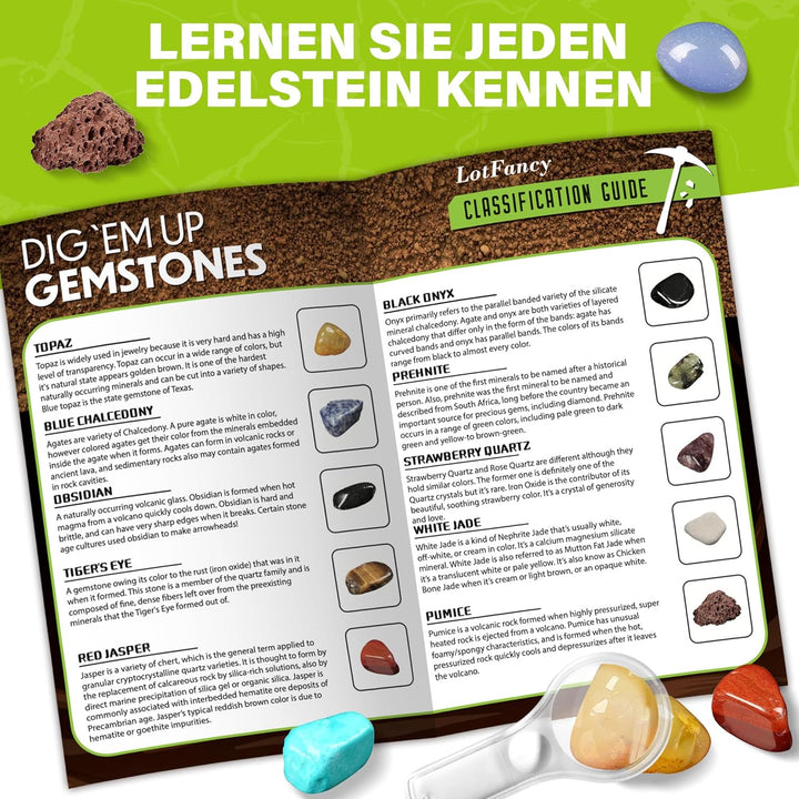 LotFancy Ausgrabungsset für Kinder, 20 Echte Edelsteine Ausgraben für Kinder ab 8 9 10 Jahren, Gesch