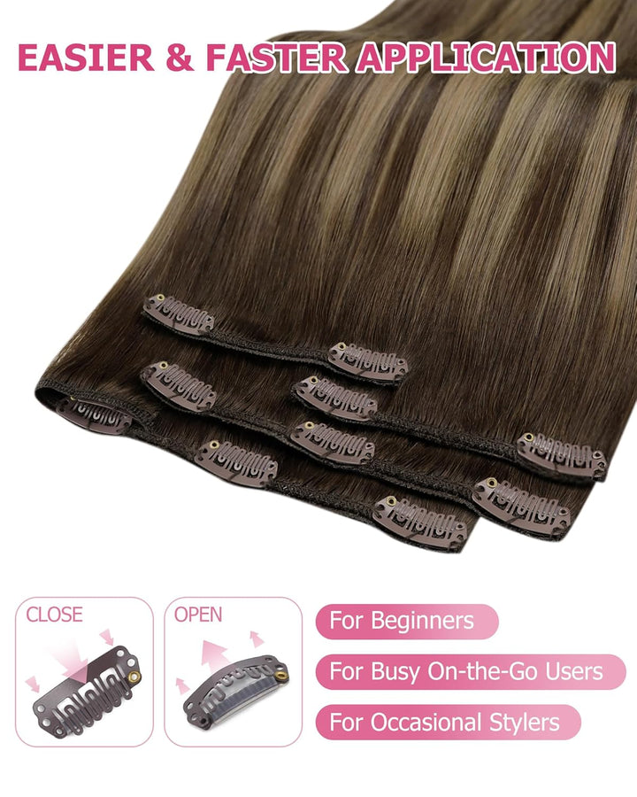 YoungSee Clip in Extensions Echthaar Ombre 30cm Echthaar Extensions Clip Dunkelbraun Balayage Karame