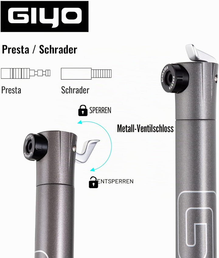 GIYO Super Micro Fahrradreifenpumpe, aus Metall, kleinste Pumpe, erhältlich mit Teleskoppumpe für MT