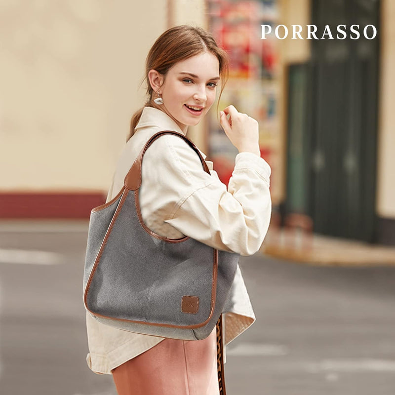 PORRASSO Damen Handtasche Canvas Hobo Schultertasche Fraue Shopper Henkeltasche für Einkaufen Schule