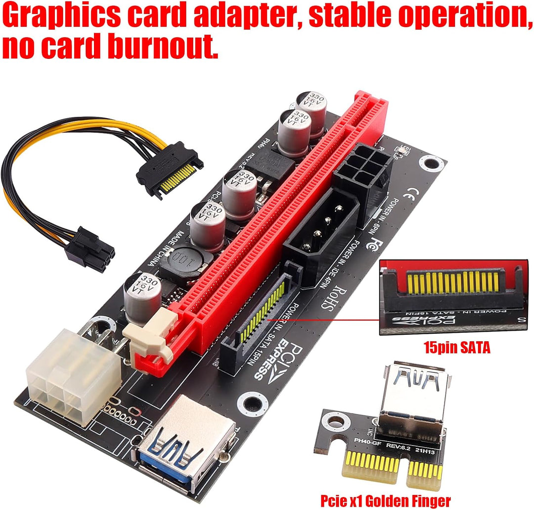 PCIe 1X auf 16X Riser Karte für Bitcoin Mining - 3 Netzteiloptionen (6Pin, Molex, SATA), 60 cm gesch