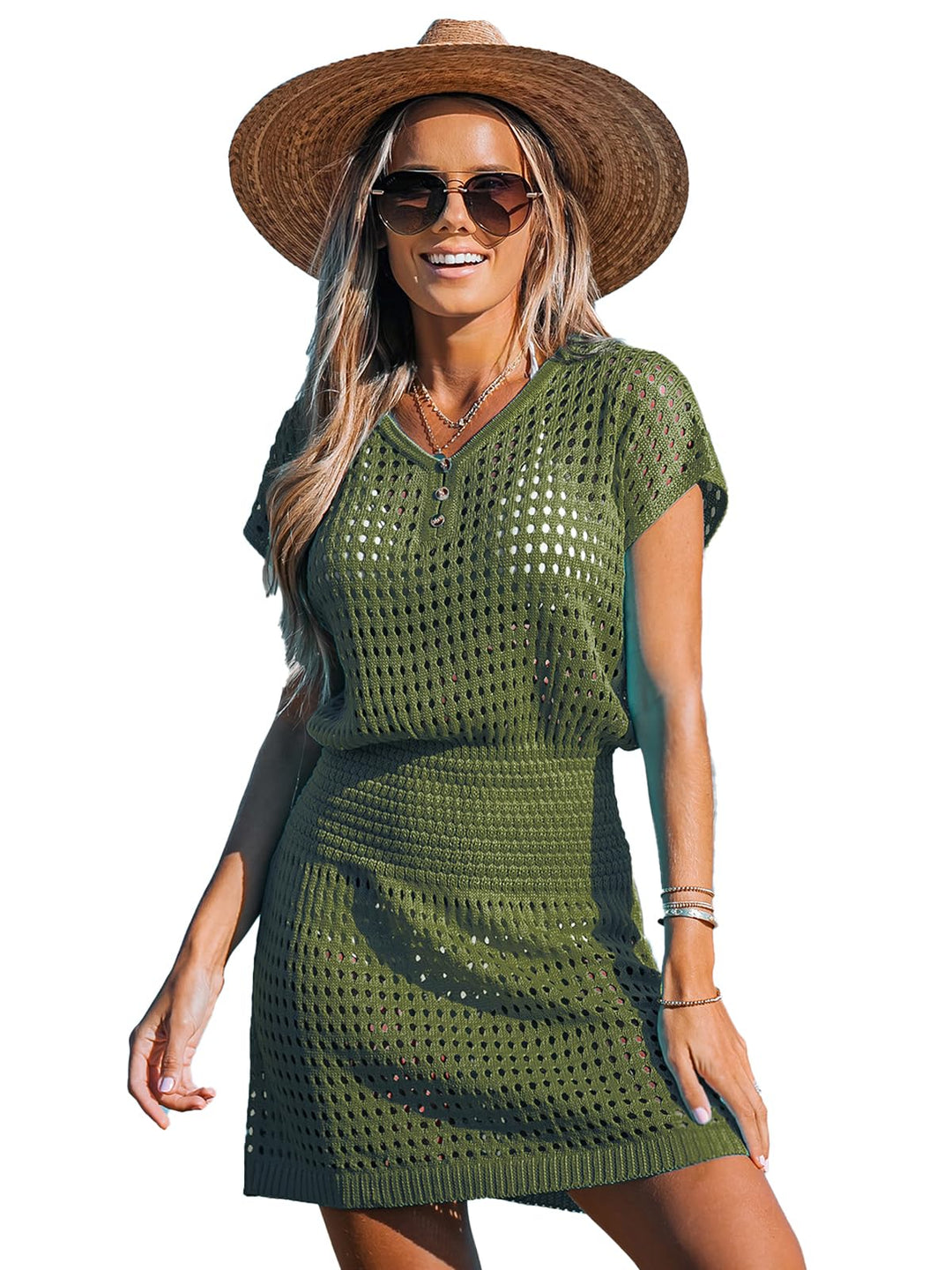 CUPSHE Damen Bikini Cover Up Strandkleid V Ausschnitt Knöpfen Lochmuster Häkelt Freizeitkleider Somm