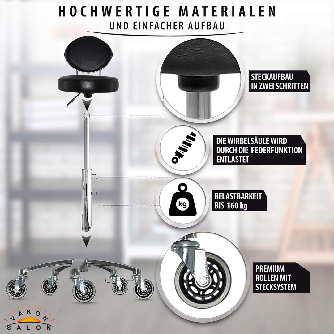 Premium Rollhocker mit ovaler Lehne höhenverstellbar von 55 bis 75 cm - Rundsitz- Drehhocker Arbeits