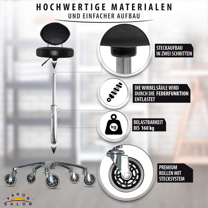 Premium Rollhocker mit ovaler Lehne höhenverstellbar von 55 bis 75 cm - Rundsitz- Drehhocker Arbeits