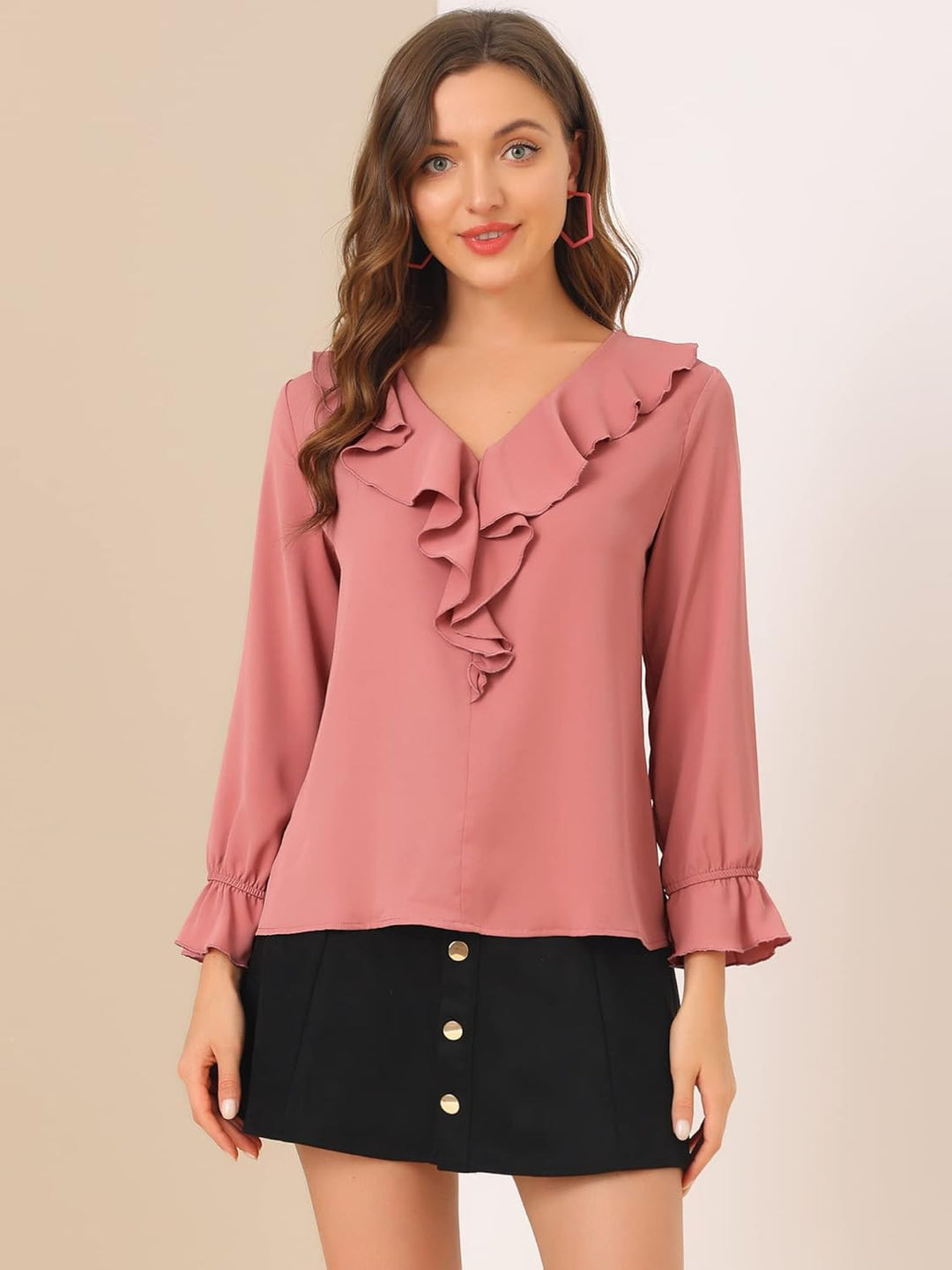 Allegra K Damen Chiffon Bluse Langarm V-Ausschnitt Rüschen Volant Oberteil Elegantes Shirt XL Dunkel
