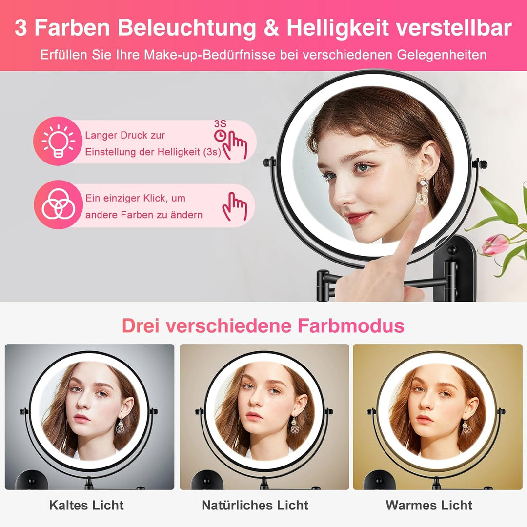 Vergrösserungsspiegel mit Beleuchtung 1x/15x & Akku: Wandmontierter beleuchteter Schmink- und Kosmet