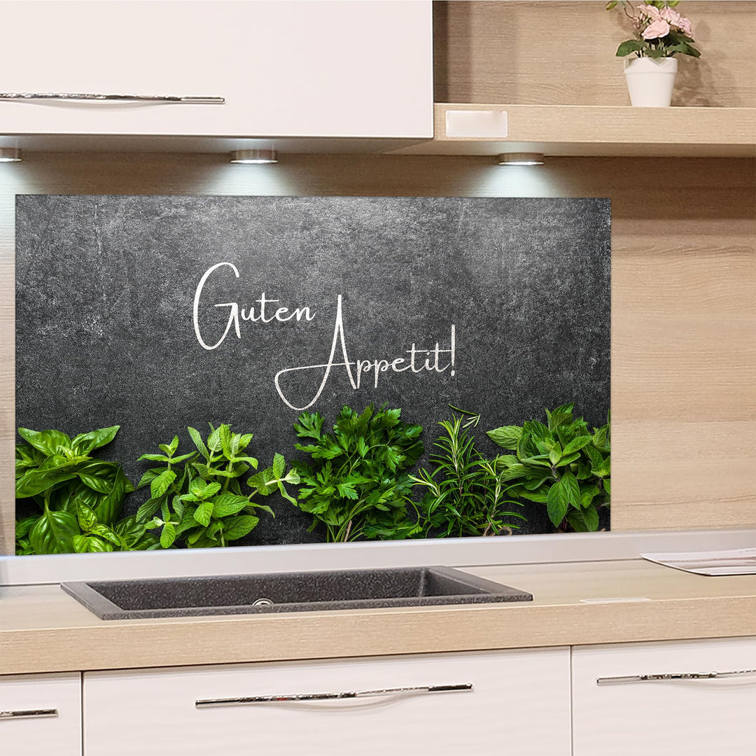 GRAZDesign Spritzschutz Küchenrückwand Glas Küche für Herd &amp; Küchenspüle, Kräuter Guten Appetit Glas