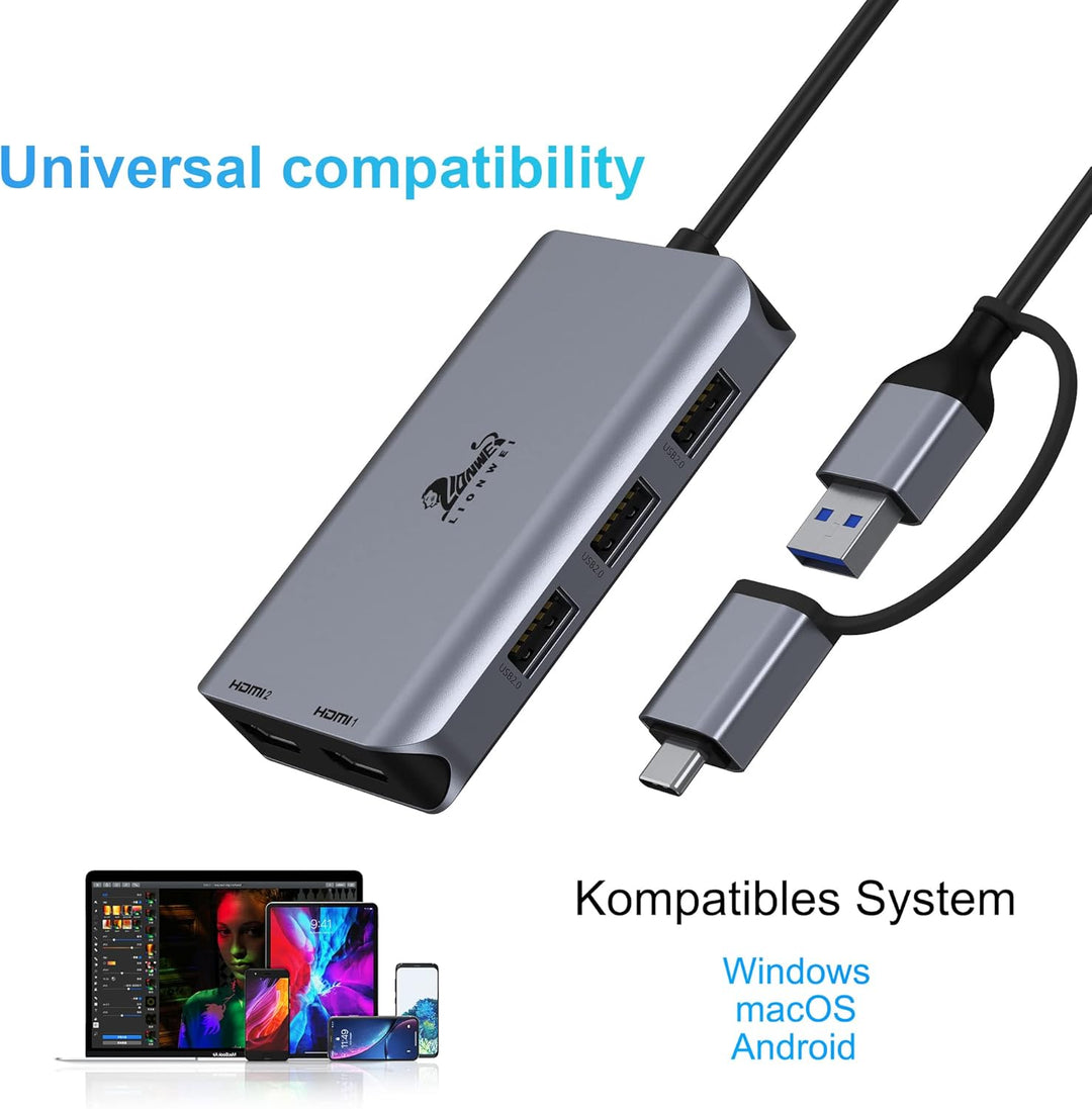 LIONWEI USB 3.0 Docking Station 2 HDMI USB C Hub Dual Monitor USB A auf Dual HDMI Adapter mit 3 USB