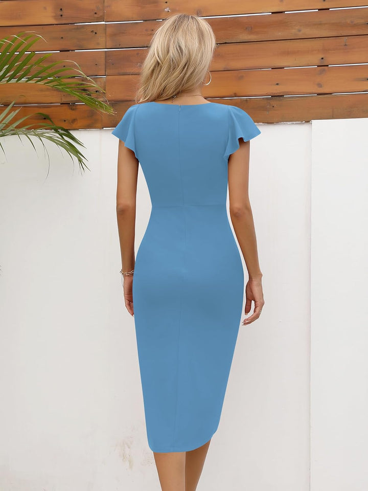 Missufe Damen Cocktailkleid Wickelkleid Partykleid Midikleid Elegant Bodycon Kleider Hellblau XL, He