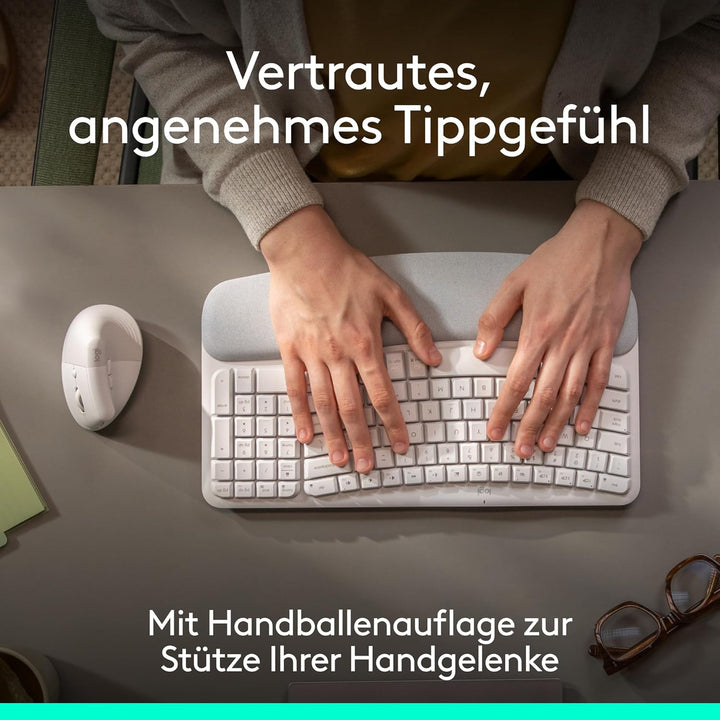 Logitech Wave Keys und Lift vertikale Maus – Ergonomisches Bundle – kabellose Tastatur mit gepolster