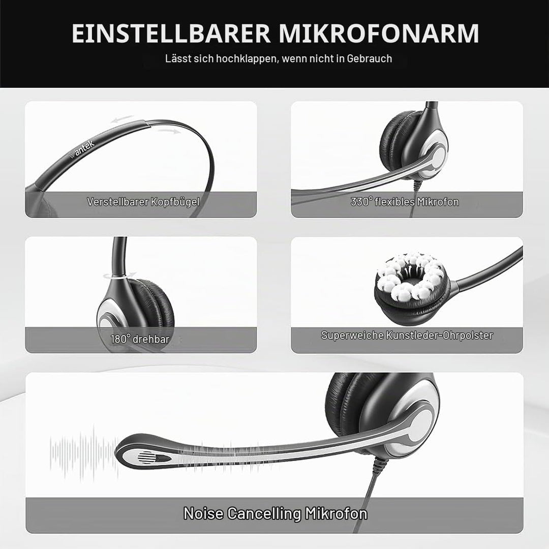 Wantek USB Headset mit mikrofon, USB/3,5-mm PC Kopfhörer mit Lautstärkeregler, Stummschalttaste, Com