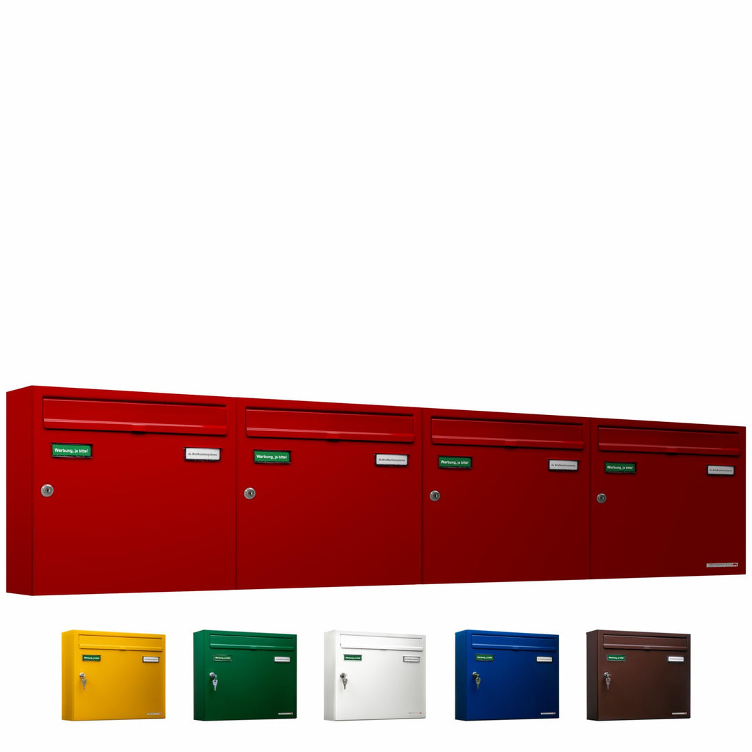 AL Briefkastensysteme Basic 4er Briefkasten RAL 3000 Feuer Rot 4 Fächer DIN A4 wetterfest Briefkaste