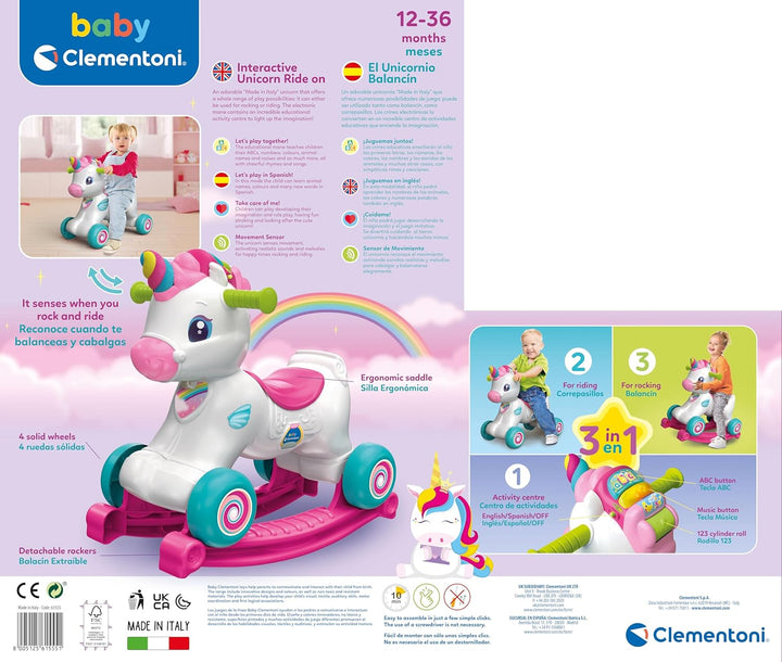 Clementoni 61555 Einhorn Wippe Einhorn Wippe und Läufer mit Musik, Liedern und pädagogischen Inhalte