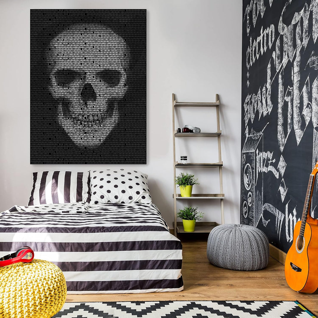 wandmotiv24 Totenkopf Wandbild aus Acrylglas, Grösse 100x75cm, Hochformat, Schädel Binär Code, Schwa