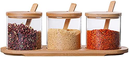 Gewürzbehälter 3er Set,300ml Gewürzgläser mit Löffel, Bambusdeckel und Base,Gewürzständer Glasgewürz
