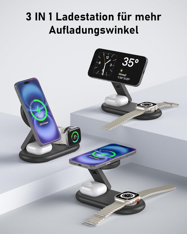 3 IN 1 Tragbare Ladestation kompatibel mit Apple Watch und iPhone, Mag-Safe Ladegerät für iPhone 16