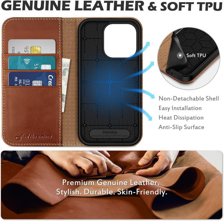 SHIELDON Hülle für iPhone 14 Pro Handyhülle TPU [Echtleder] [Kartenfach] [Magnet] [Standfunktion] [R
