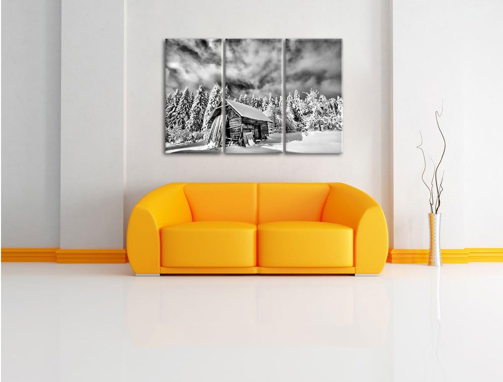 Pixxprint Monocrome, Holzhütte im Schnee 3-Teiler Leinwandbild 120x80 Bild auf Leinwand