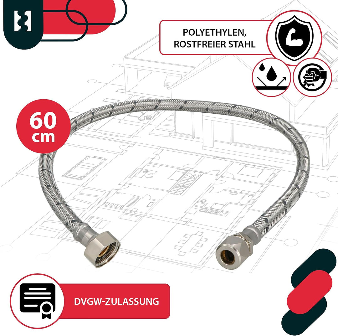 KOTARBAU® 2er Set Flexschlauch - Wasserschlauch - 60 cm - Panzerschlauch - 1/2“ x 3/8“ - ÜM x Quetsc