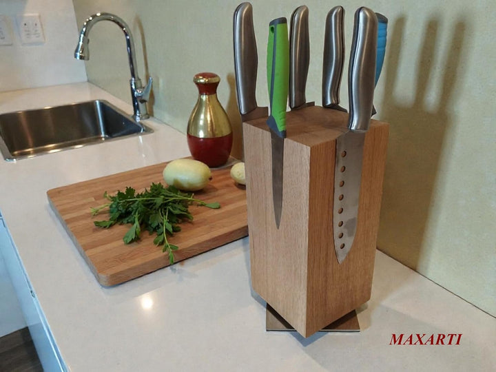 360°Drehbarer Messerblock onhe Messern, magnetisch Eicheh Holz, Messerständer, Messer Halter Küche,