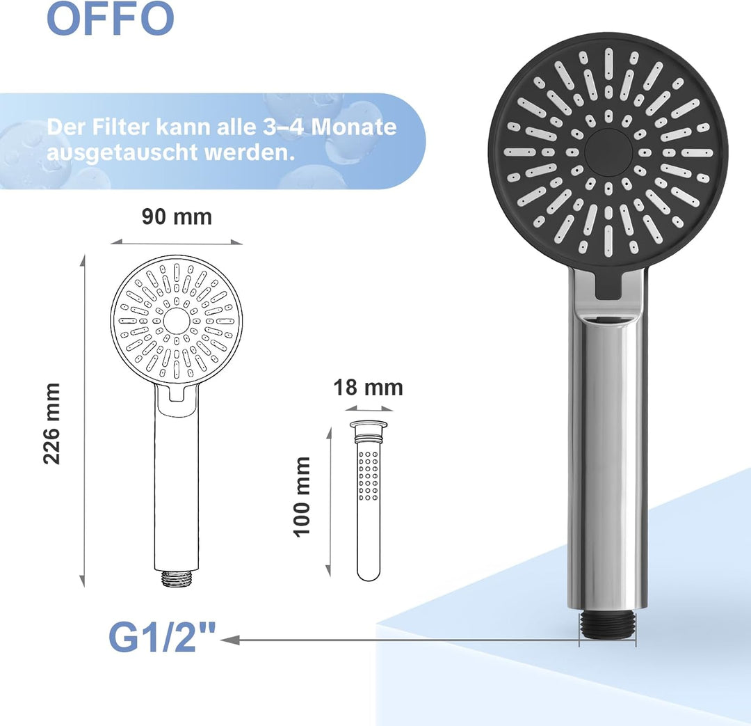 OFFO Filter Duschkopf mit Schlauch 1,6m und halterung, 90mm Duschbrause mit Kalkfilter und 3 Strahla
