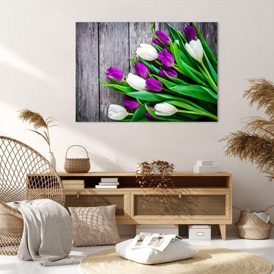 Bilder auf Leinwand 100x70cm Leinwandbild Tulpen Holz Blumenstrauss Blumen Gross Wanddeko Bild Schla