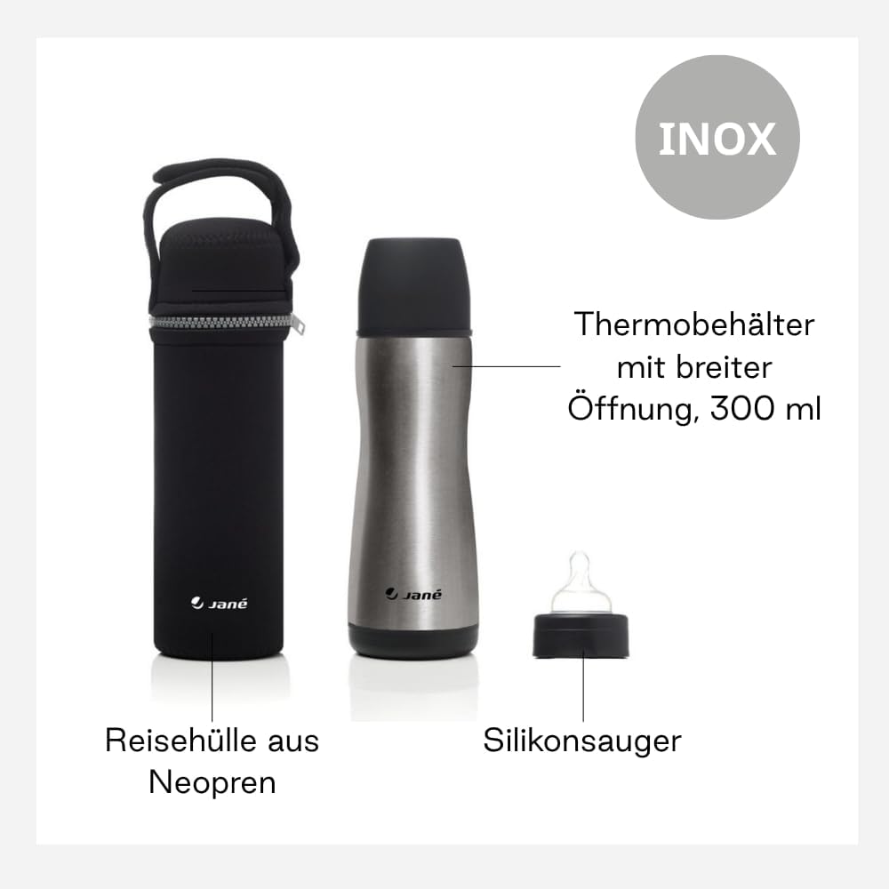 Jané Isolierflasche für Flüssigkeiten mit Silikon-Trinktülle, Füllmenge 300 ml, inklusive Neoprentas