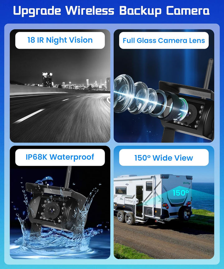 Hodozzy Kabellose Digitale Rückfahrkameras mit 7 Zoll IPS Bildschirm, wasserdichte IP68 Rückfahrkame