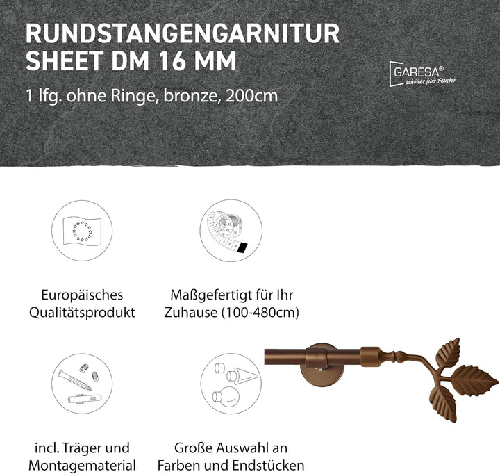 Garesa Gardinenstange Sheet Ø 16mm, 1-läufig, Bronze I Stabile Vorhangstange ohne Ringe I Mit Endkop