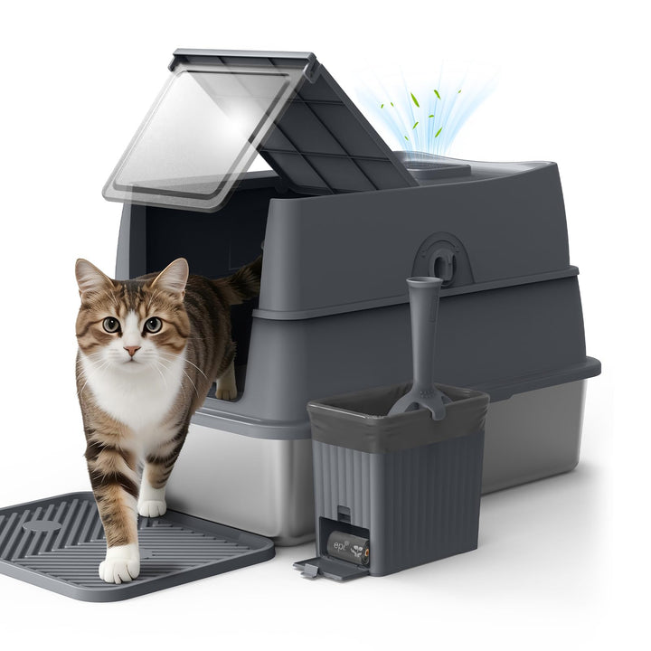 FURTIME Katzenklo Edelstahl mit Deckel, Katzentoilette Edelstahl Grosse XL Leicht zu Reinigen, Gesch