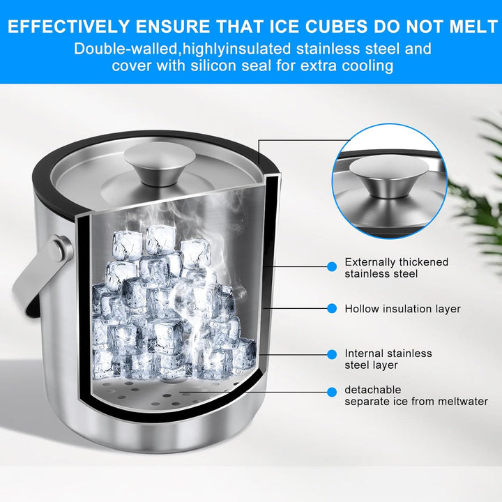 Eiswürfelbehälter,2L Edelstahl Eisbehälter mit luftdichtem Deckel,Sieb und Eiszange,Doppelwandiger-D