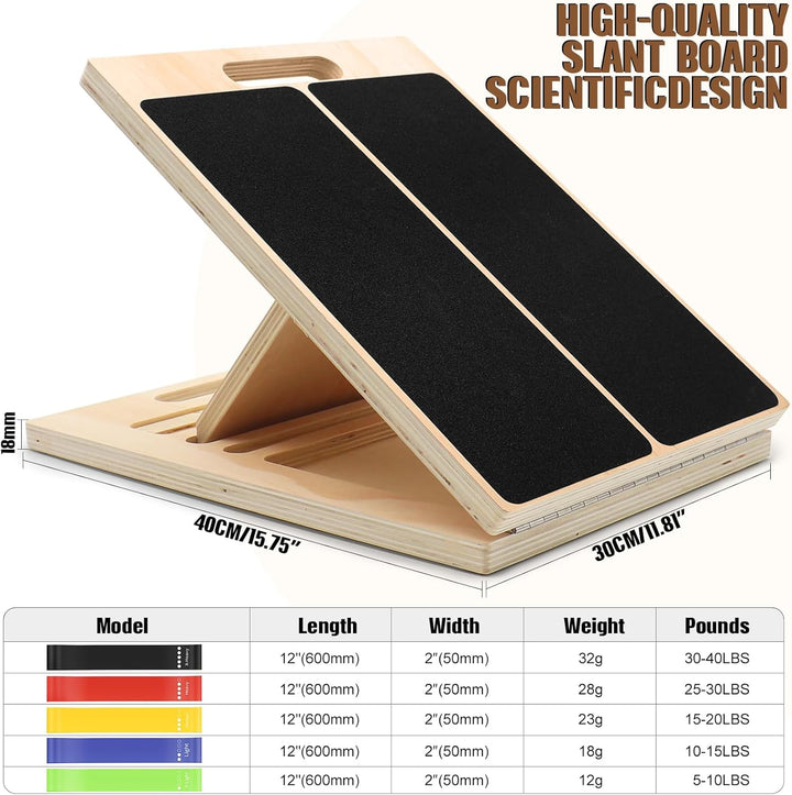 Verstellbares Schrägbrett aus Holz 40 × 30 × 4,5 cm mit 5 elastischen Bändern – rutschfeste Fitness-