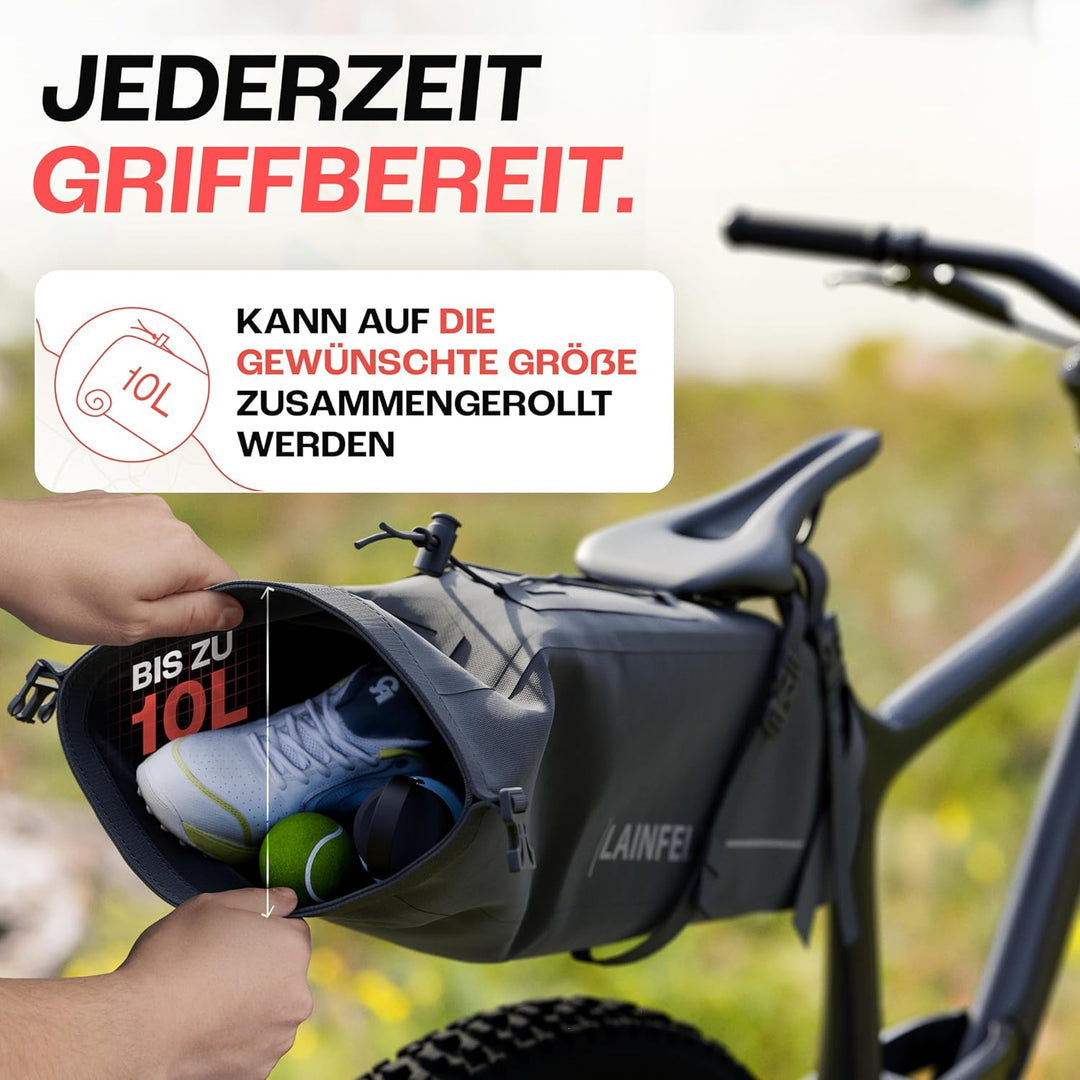 Fahrrad Satteltasche [10 Liter] | 100% Wasserdicht | Reflektierender Aufdruck - Bikepacking E-Bike M