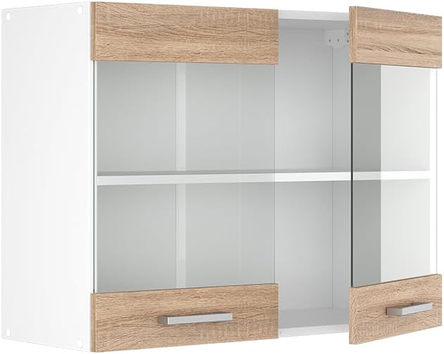 Vicco Küchenschrank Glas R-Line, Sonoma/Weiss, 80 cm Sonoma Hängeglasschrank 80cm, Sonoma Hängeglass