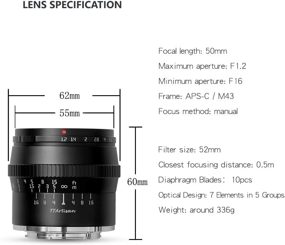 TTARTISAN 50mm F1.2 APS-C Kameraobjektiv Grosse Blende Manueller Fokus Festobjektiv Kompatibel mit F