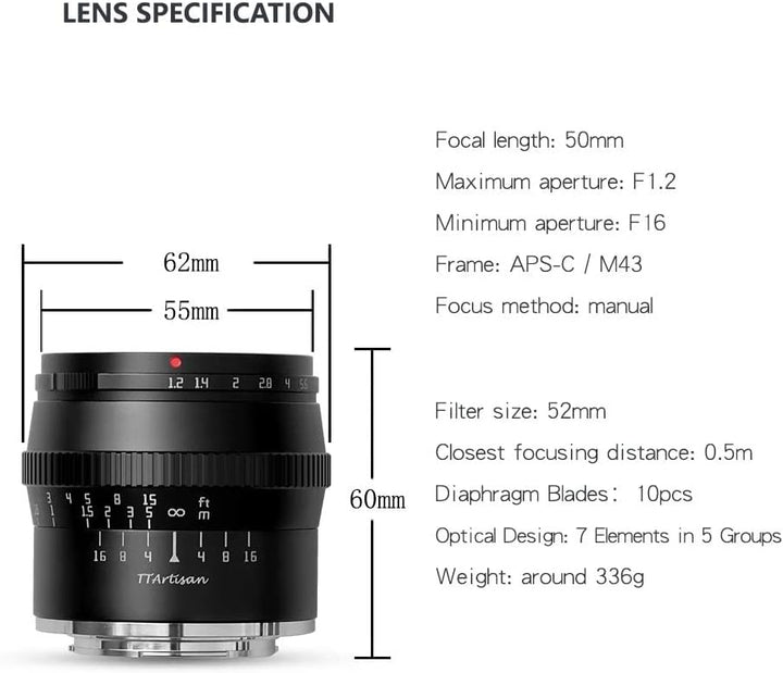TTARTISAN 50mm F1.2 APS-C Kameraobjektiv Grosse Blende Manueller Fokus Festobjektiv Kompatibel mit F