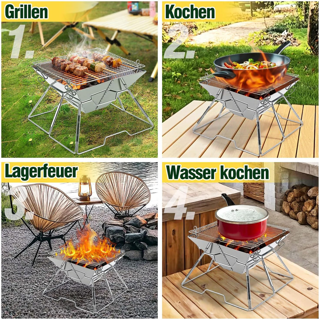 Faltbarer Grill aus 304 Edelstahl, Klappgrill mit Höhenverstellbarem Grillrost, Camping Grill kompak