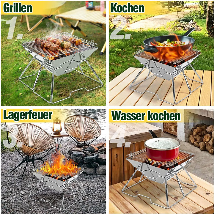 Faltbarer Grill aus 304 Edelstahl, Klappgrill mit Höhenverstellbarem Grillrost, Camping Grill kompak