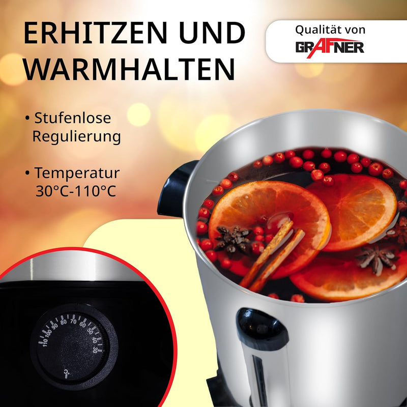 Grafner XL Glühweinkocher aus Edelstahl - 8 Liter - 2000 Watt mit Zapfhahn, Thermostat und Überhitzu